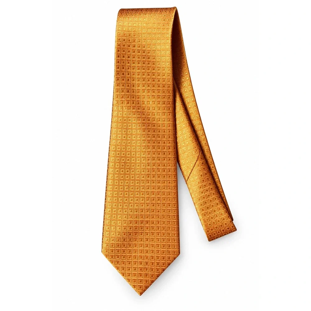 RA-DESIGN Mens Silk Tie Gold Orange Geometric Square Pattern Hand Made Italian